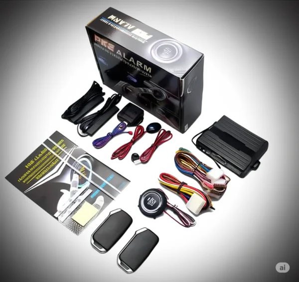 Kit d’alarme voiture INTU ALARM avec télécommandes modernes, démarrage sans clé, protection antivol, câblage multicolore et installation facile. Sécurisez votre véhicule avec une alarme fiable et professionnelle.