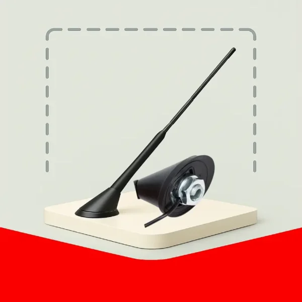Antenne de toit de voiture noire, non flexible, de type fouet, avec sa base de fixation et son écrou de montage.