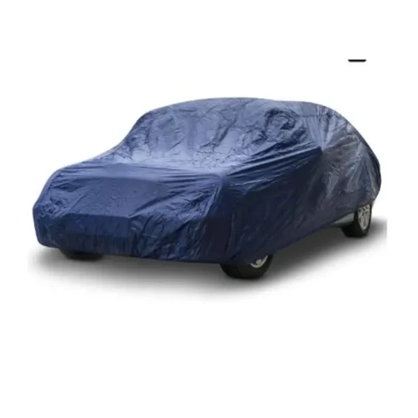 Housse de voiture anti-UV bleu foncé – protection intégrale Voiture entièrement recouverte d’une housse de protection bleu foncé, ajustée autour du véhicule avec les roues partiellement visibles.