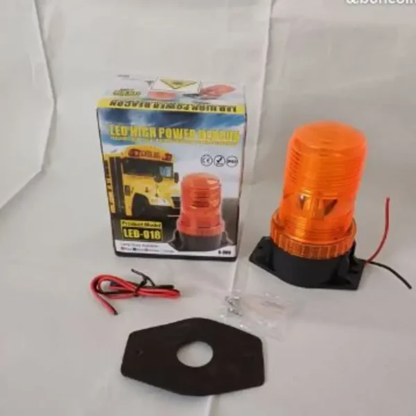Gyrophare orange LED haute puissance LEB-016 dans son emballage avec accessoires.