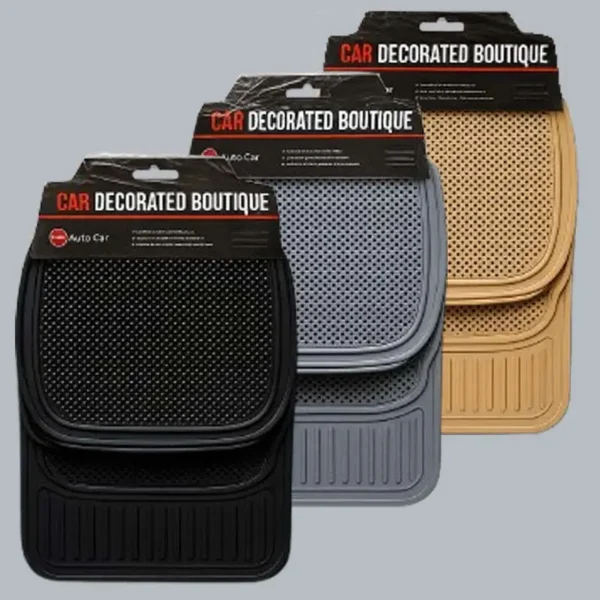Triplet tapis Tundra Tapis de voiture texturés en caoutchouc pour toutes saisons, disponibles en noir, gris et beige. Ils sont vendus sous la marque Car Decorated Boutique.