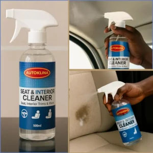 Autoklina 500ml : Nettoyant Ultime Sièges & Intérieur Auto Bouteille du nettoyant Autoklina pour sièges et intérieur de véhicule, avec des photos d'utilisation sur un ciel de toit et une tâche sur un siège beige.