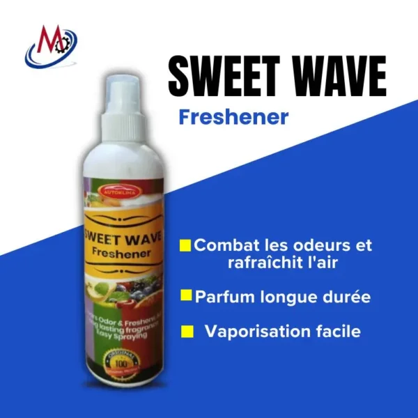 Bouteille de spray désodorisant "Sweet Wave Freshener" de la marque Autoklina, parfum longue durée, facile à vaporiser. Texte français : "Combat les odeurs et rafraîchit l'air", "Parfum longue durée", "Vaporisation facile".