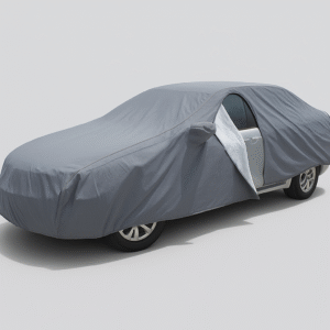 Voiture berline grise recouverte d'une housse de protection gris clair avec une fermeture éclair ouverte au niveau de la porte conducteur, montrant l'accès à l'intérieur.