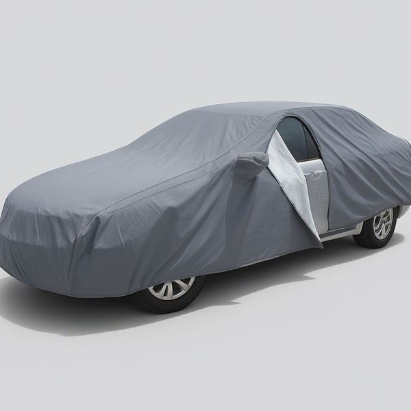 Voiture berline grise recouverte d'une housse de protection gris clair avec une fermeture éclair ouverte au niveau de la porte conducteur, montrant l'accès à l'intérieur.