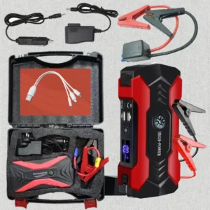 Kit de batterie de secours automobile rouge et noir avec accessoires complets : câbles de démarrage, chargeurs, câbles USB et mallette rigide.
