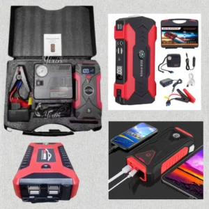 Image montrant un kit de secours routier complet comprenant un booster de batterie rouge et noir avec boussole intégrée, un compresseur d'air portable, des pinces de démarrage, des chargeurs et une mallette de transport rigide.