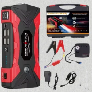 Batterie de secours+compresseur Image montrant un kit de secours routier complet comprenant un booster de batterie rouge et noir avec boussole intégrée, un compresseur d'air portable, des pinces de démarrage, des chargeurs et une mallette de transport rigide.